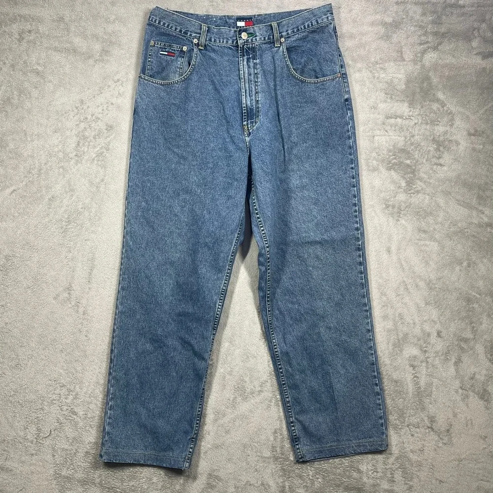 Tommy Hilfiger Jeans Vintage Mens 36(34)x32(30) Blue Denim Embroidered Logo Y2K